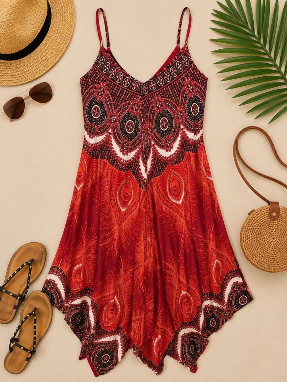 Boho Paisley Handkerchief Hem Sundress One Size Red Rayon Made Thailand